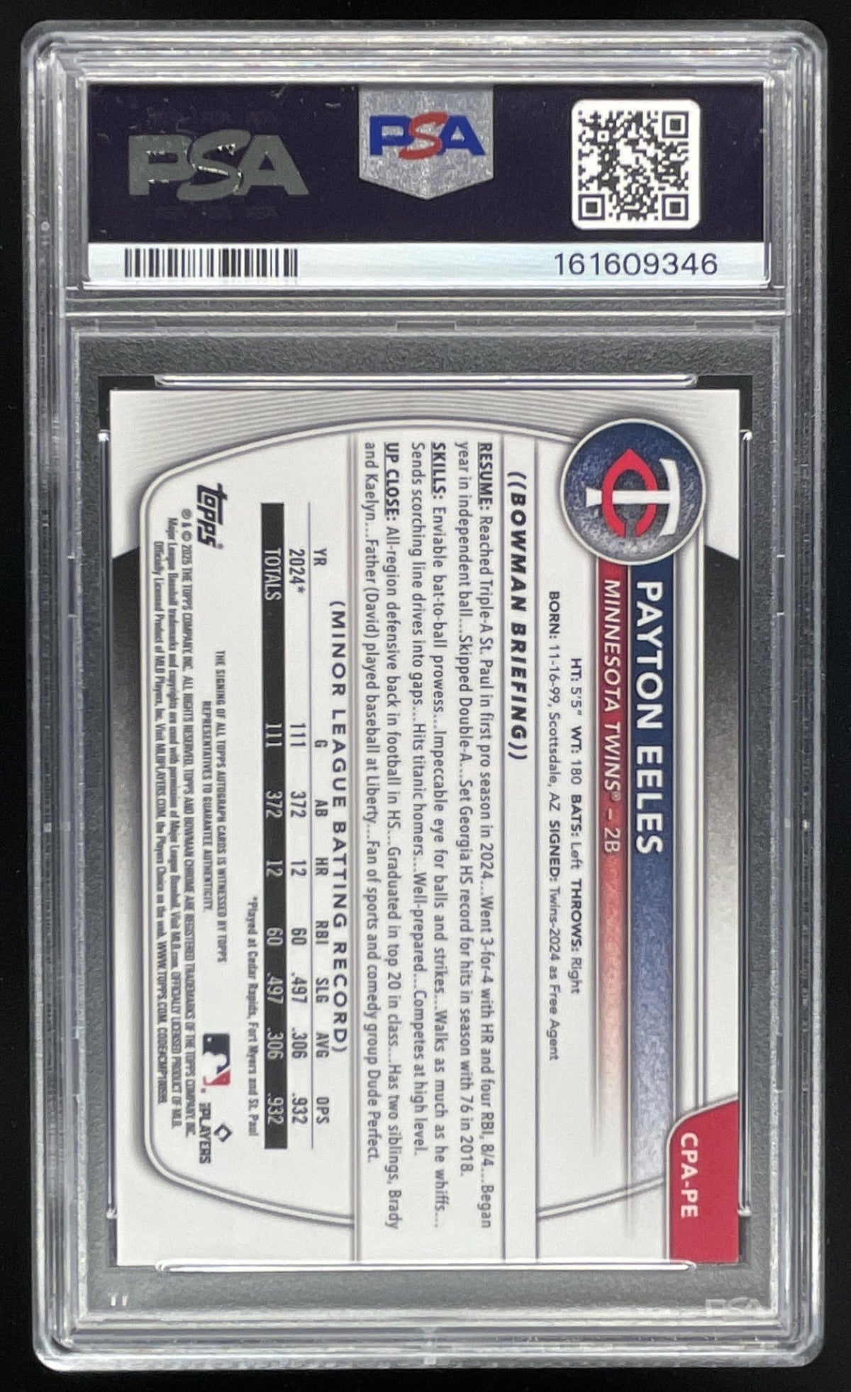 2025 Bowman Chrome Prospect Red X-Fractor #CPA-PE Payton Eeles RC Auto /5 PSA 9 product image 2, provided for visual