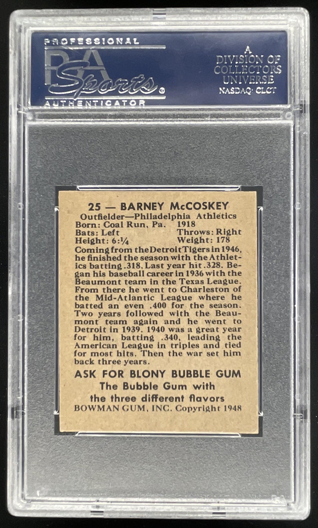 1948 Bowman #25 Barney McCosky PSA 7 product image 2, provided for visual reference and product detail review
