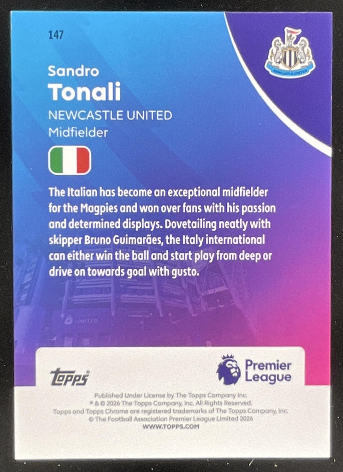 2026 Topps Chrome Sapphire Premier League Black Refractor #147 Sandro Tonali /10 product image 2, provided for visual