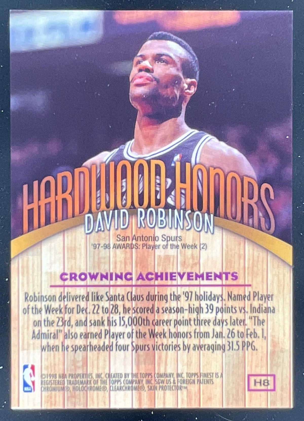 1998-99 Topps Finest Hardwood Honors #H8 David Robinson product image 2, provided for visual reference and product detail