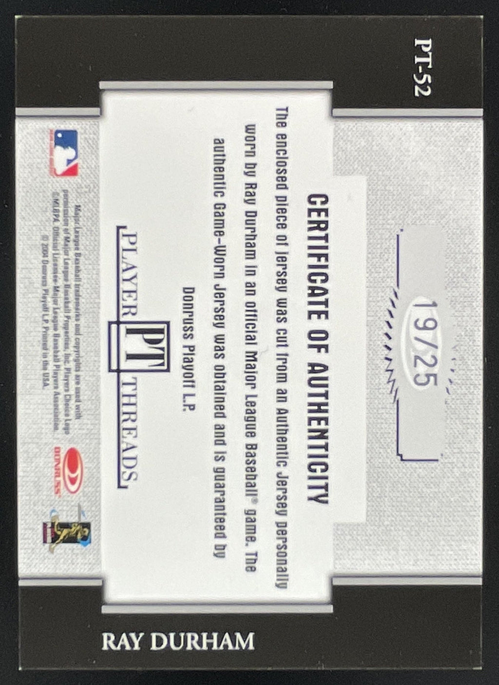 2004 Donruss Throwback Threads Player Threads Prime #PT-52 Ray Durham /25 product image 2, provided for visual reference and