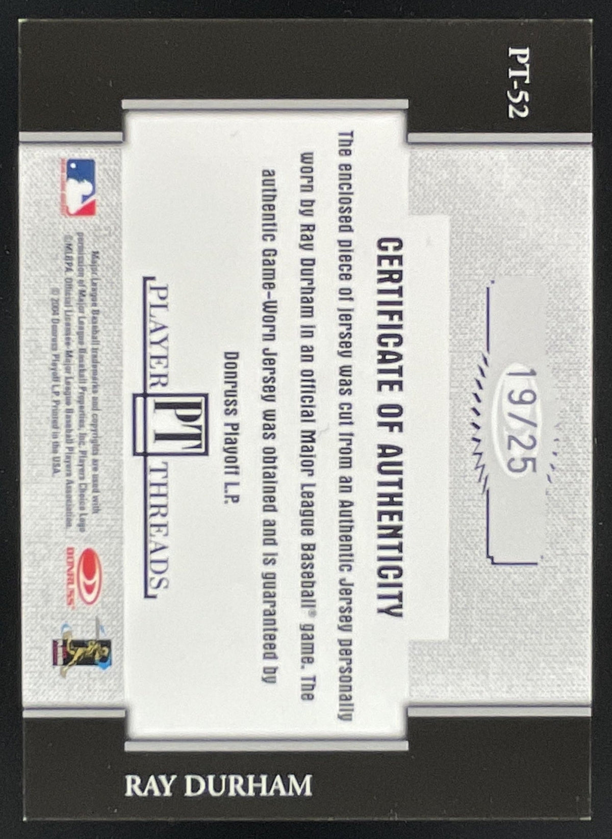 2004 Donruss Throwback Threads Player Threads Prime #PT-52 Ray Durham /25 product image 2, provided for visual reference and
