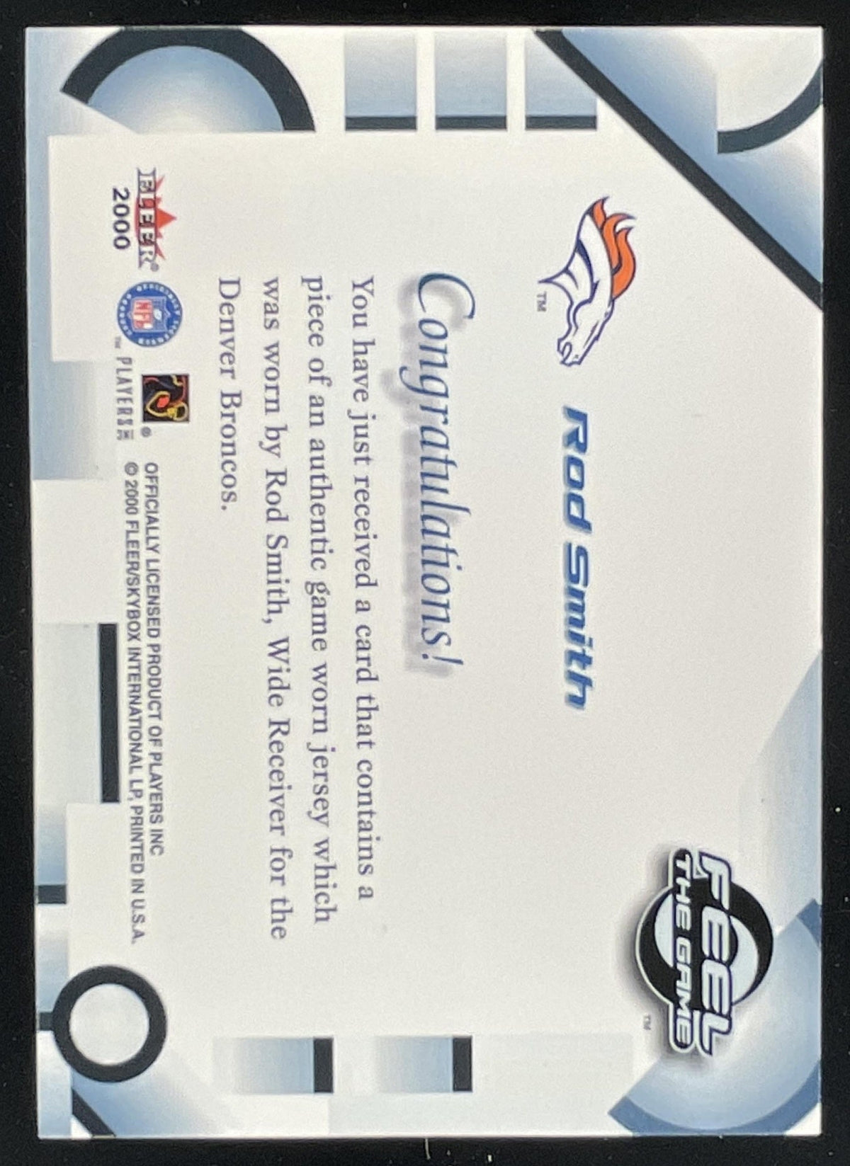 2000 Fleer Tradition Feel the Game #NNO Rod Smith product image 2, provided for visual reference and product detail review