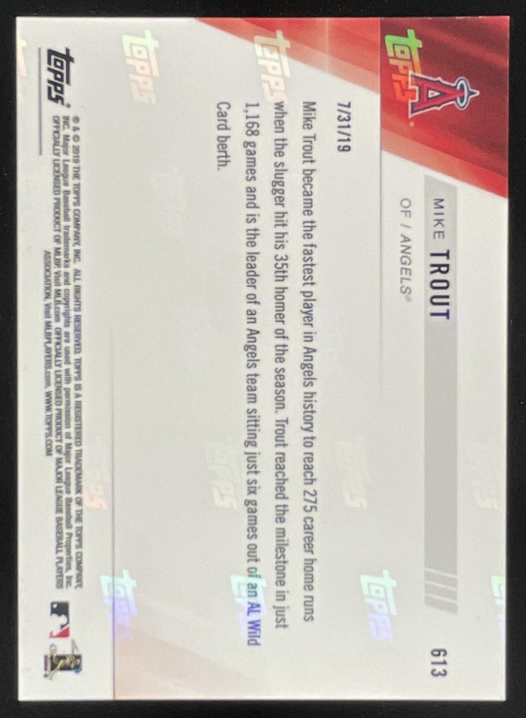 2019 Topps Now #613 Mike Trout product image 2, provided for visual reference and product detail review