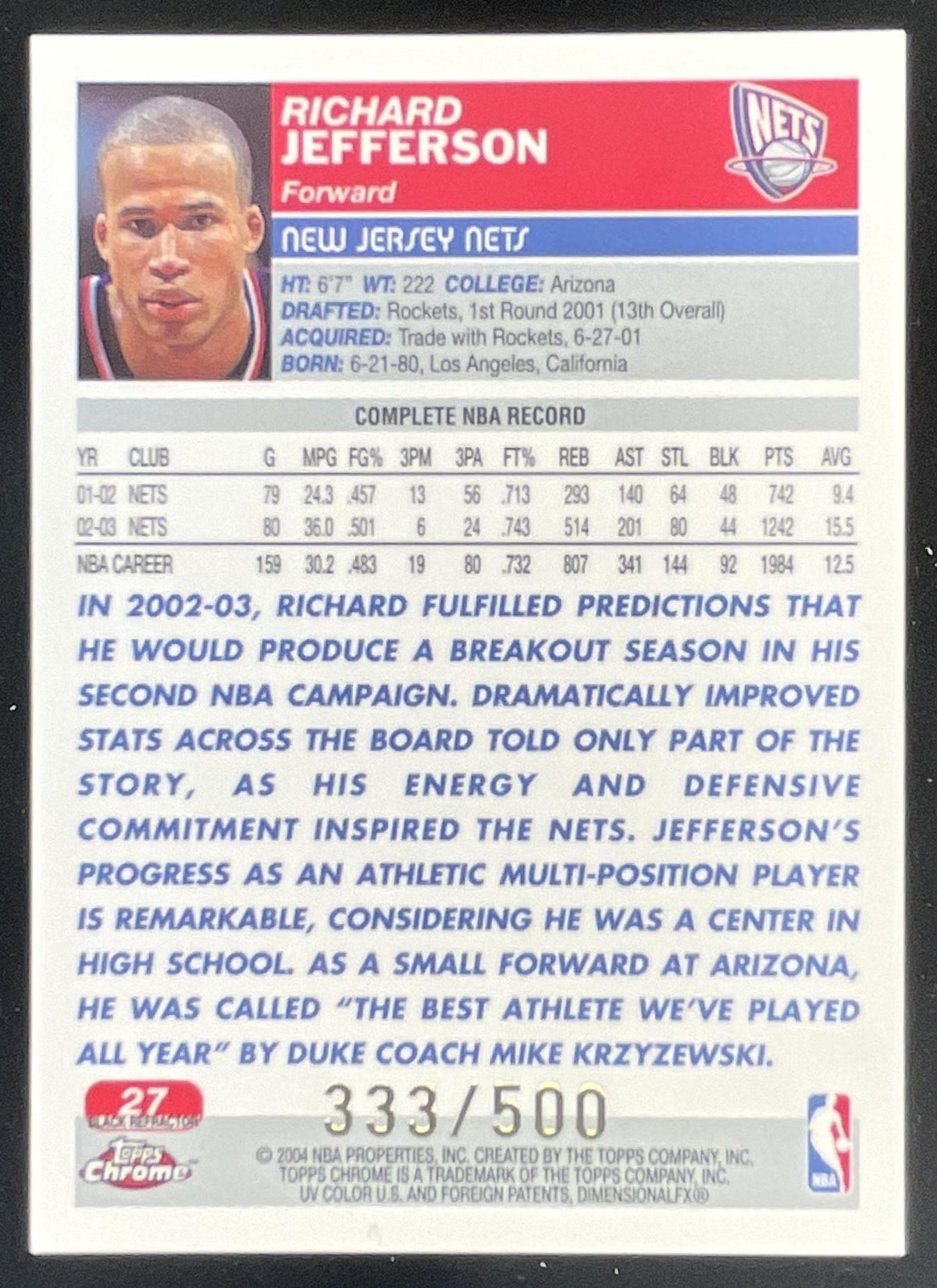 2003-04 Topps Chrome Refractors Black #27 Richard Jefferson /500 product image 2, provided for visual reference and product