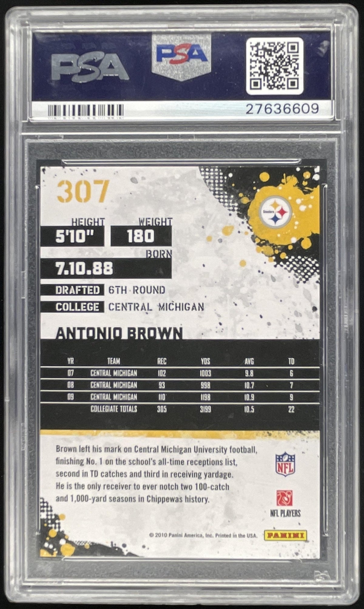 2010 Panini Score #307 Antonio Brown RC PSA 10 product image 2, provided for visual reference and product detail review