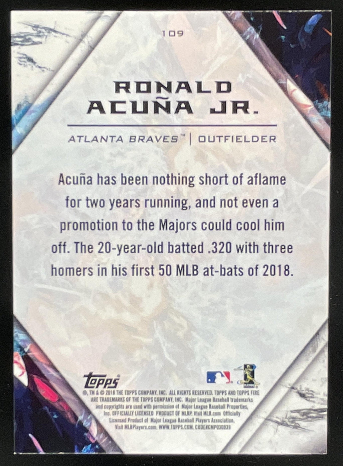 2018 Topps Fire #109 Ronald Acuna Jr. RC product image 2, provided for visual reference and product detail review