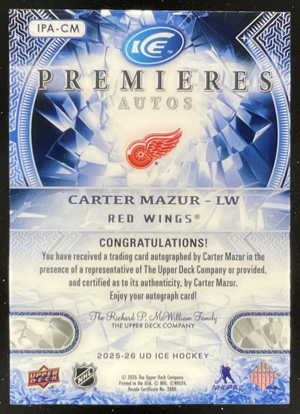 2025-26 Upper Deck Ice Parallel Premieres #IPA-CM Carter Mazur RC Auto /299 product image 2, provided for visual reference