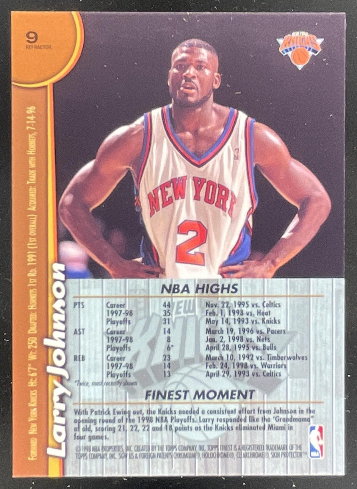 1998-99 Topps Finest Refractors #9 Larry Johnson product image 2, provided for visual reference and product detail review