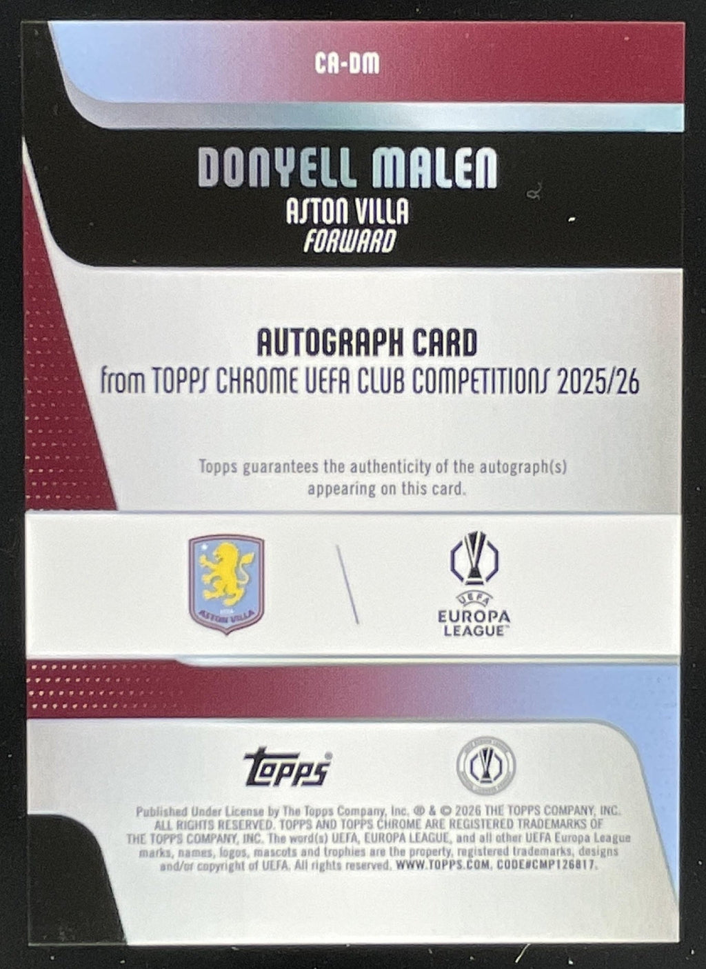 2025-26 Topps Chrome Chrome Aqua #CA-DM Donyell Malen Auto /199 product image 2, provided for visual reference and product