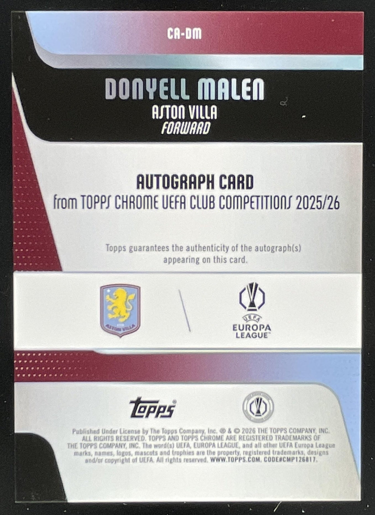 2025-26 Topps Chrome Chrome Aqua #CA-DM Donyell Malen Auto /199 product image 2, provided for visual reference and product