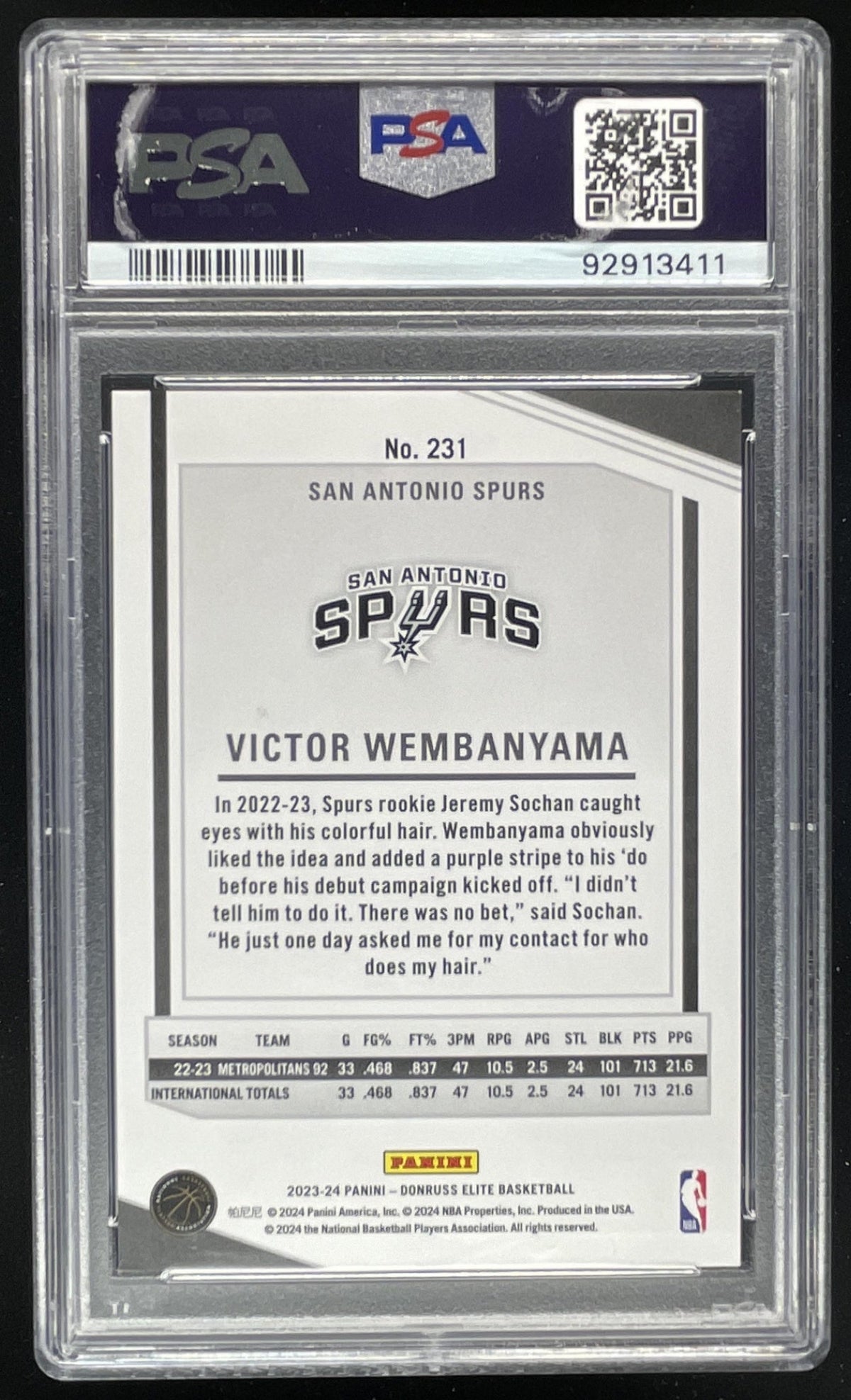 2023-24 Panini Donruss Elite Blue #231 Victor Wembanyama RC /99 PSA 10 product image 2, provided for visual reference and