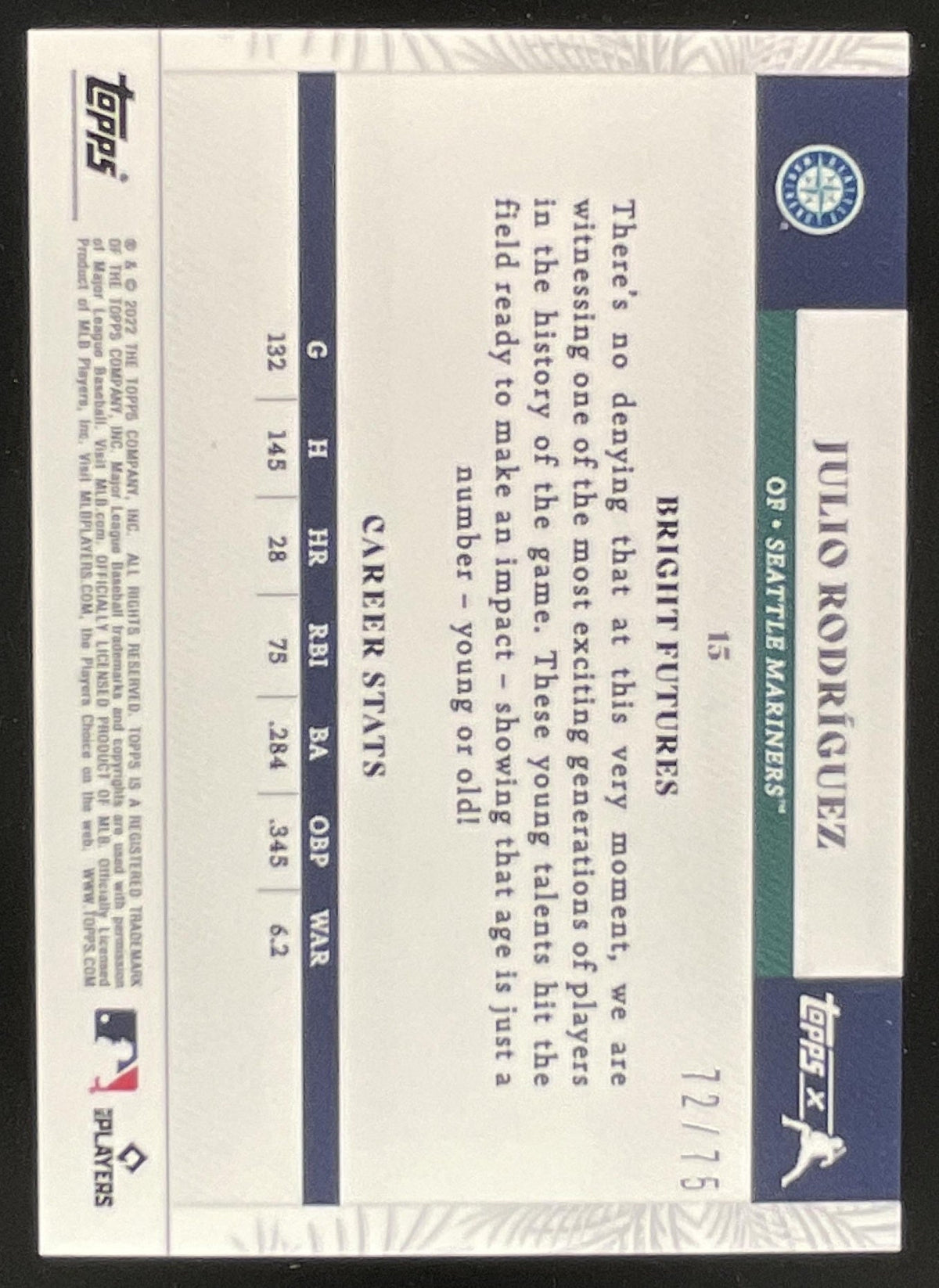 2022 Topps X Julio Rodriguez #15 "Bright Futures" RC product image 2, provided for visual reference and product detail review