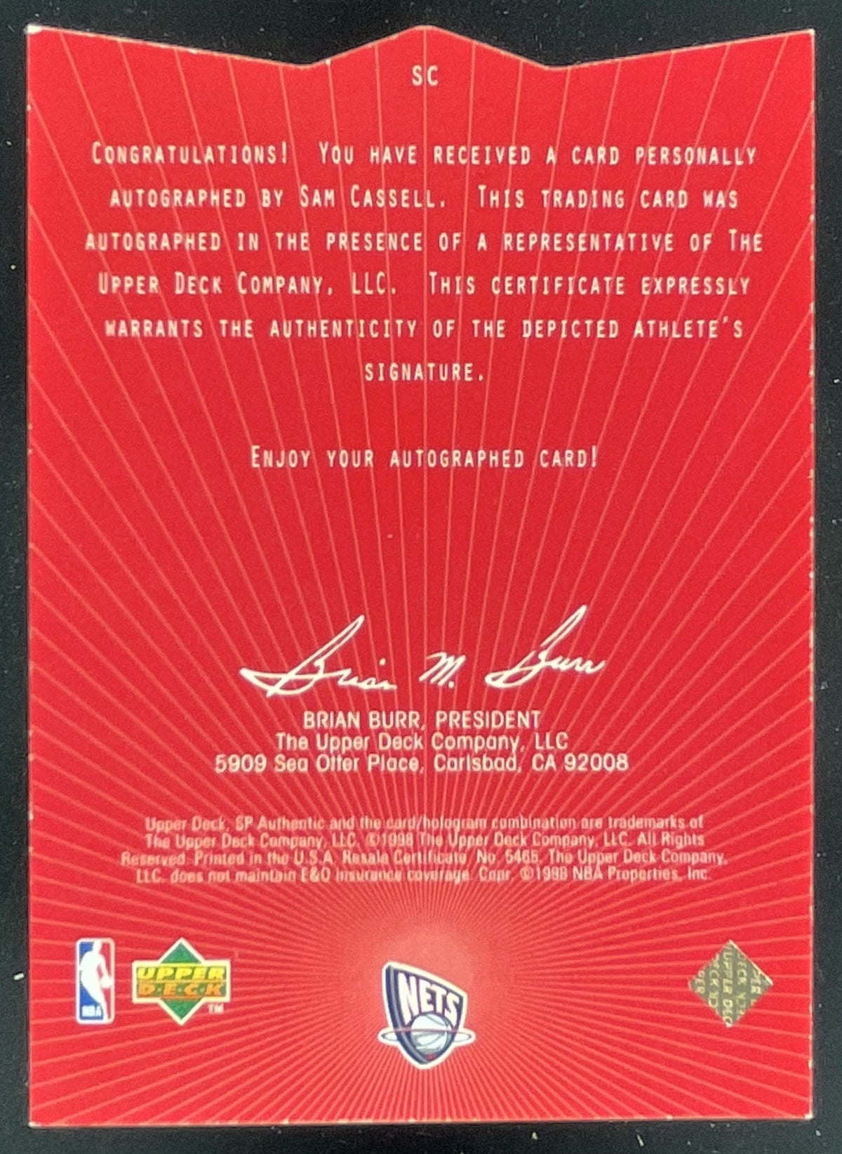 1997-98 SP Authentic Sign of the Times #SC Sam Cassell Auto product image 2, provided for visual reference and product