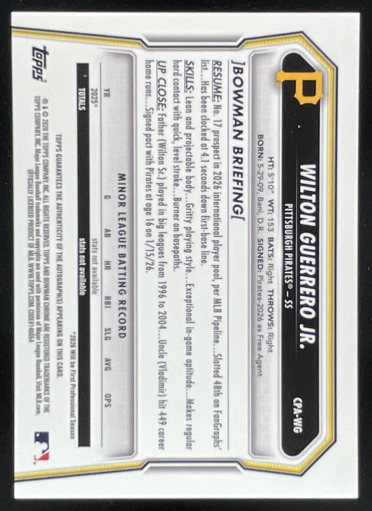 2026 Bowman Chrome Prospects Autograph #CPA-WG Wilton Guerrero Jr. RC Auto product image 2, provided for visual reference