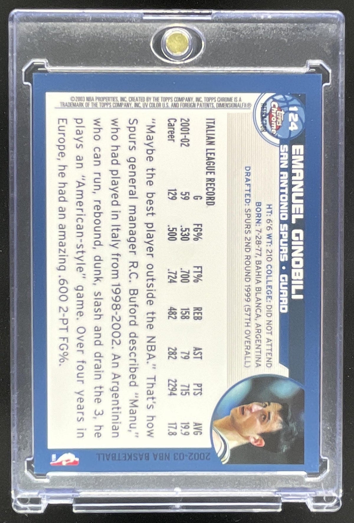 2002-03 Topps Chrome Refractors #124 Emanuel Ginobili RC product image 2, provided for visual reference and product detail