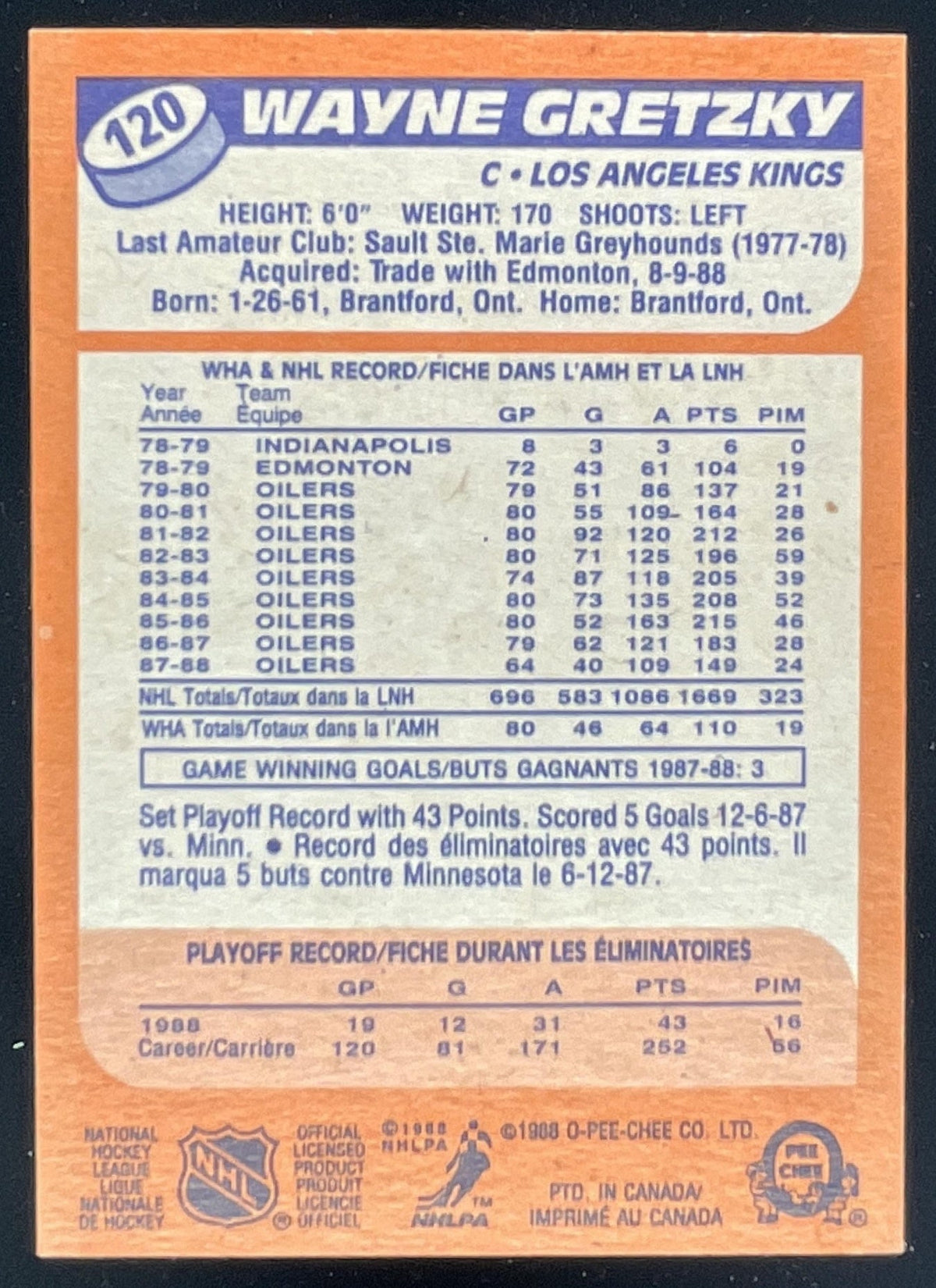 1988-89 O-Pee-Chee #120 Wayne Gretzky product image 2, provided for visual reference and product detail review