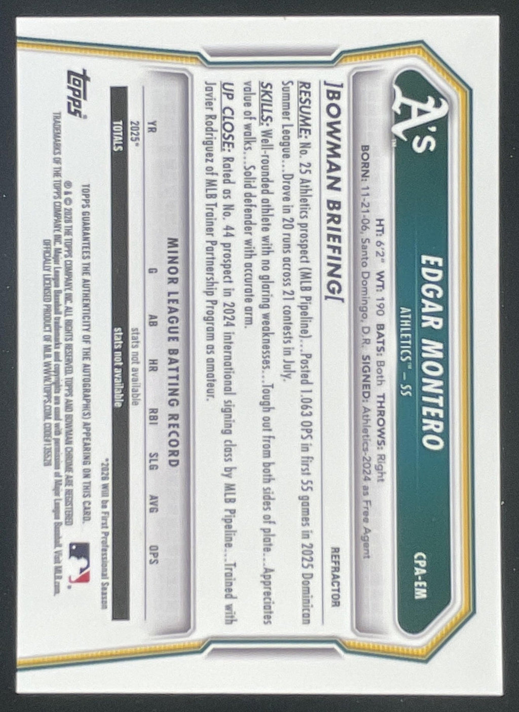 2026 Bowman Chrome Prospect #CPA-EM Edgar Montero RC Auto /499 product image 2, provided for visual reference and product