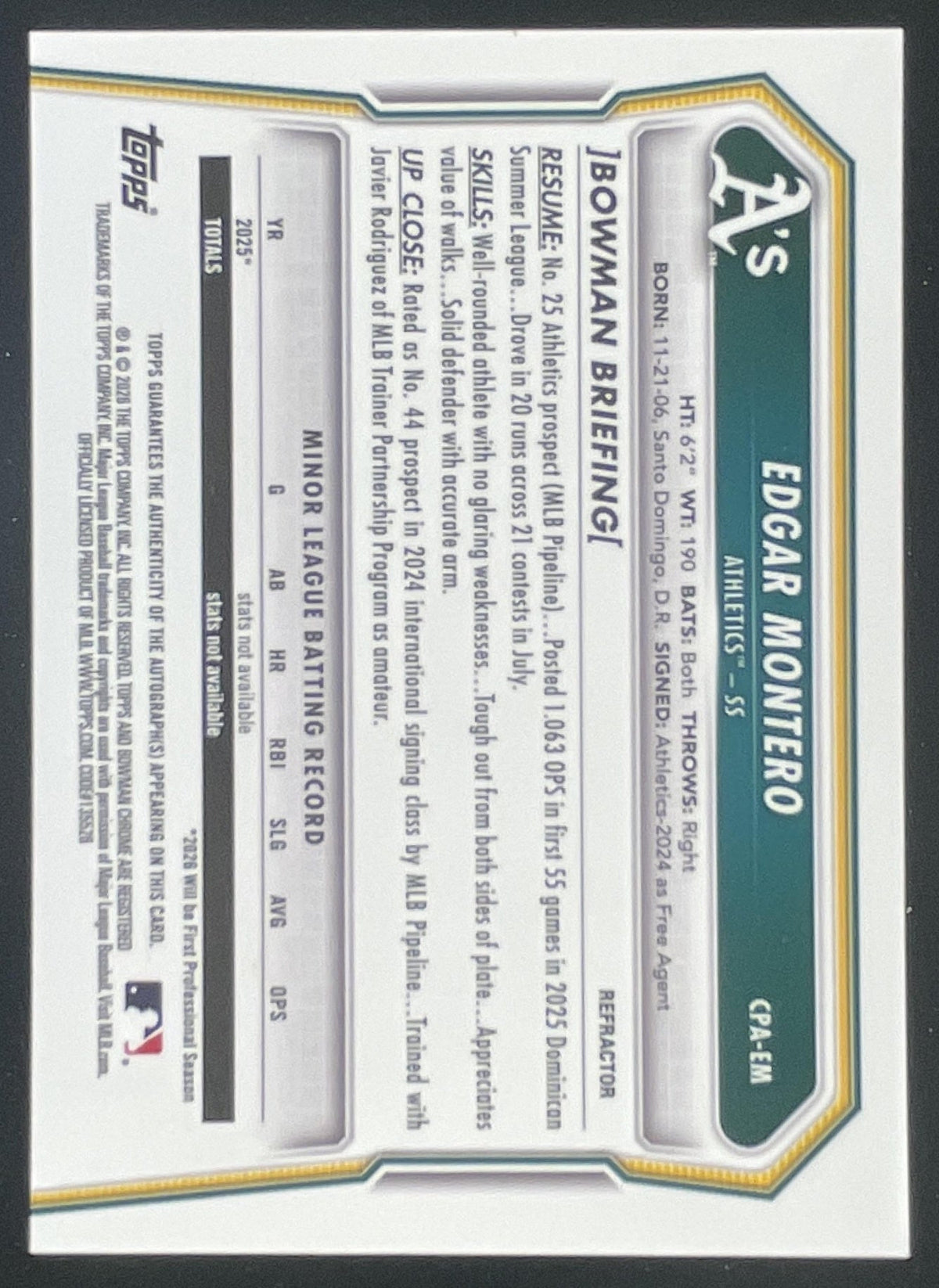 2026 Bowman Chrome Prospect #CPA-EM Edgar Montero RC Auto /499 product image 2, provided for visual reference and product