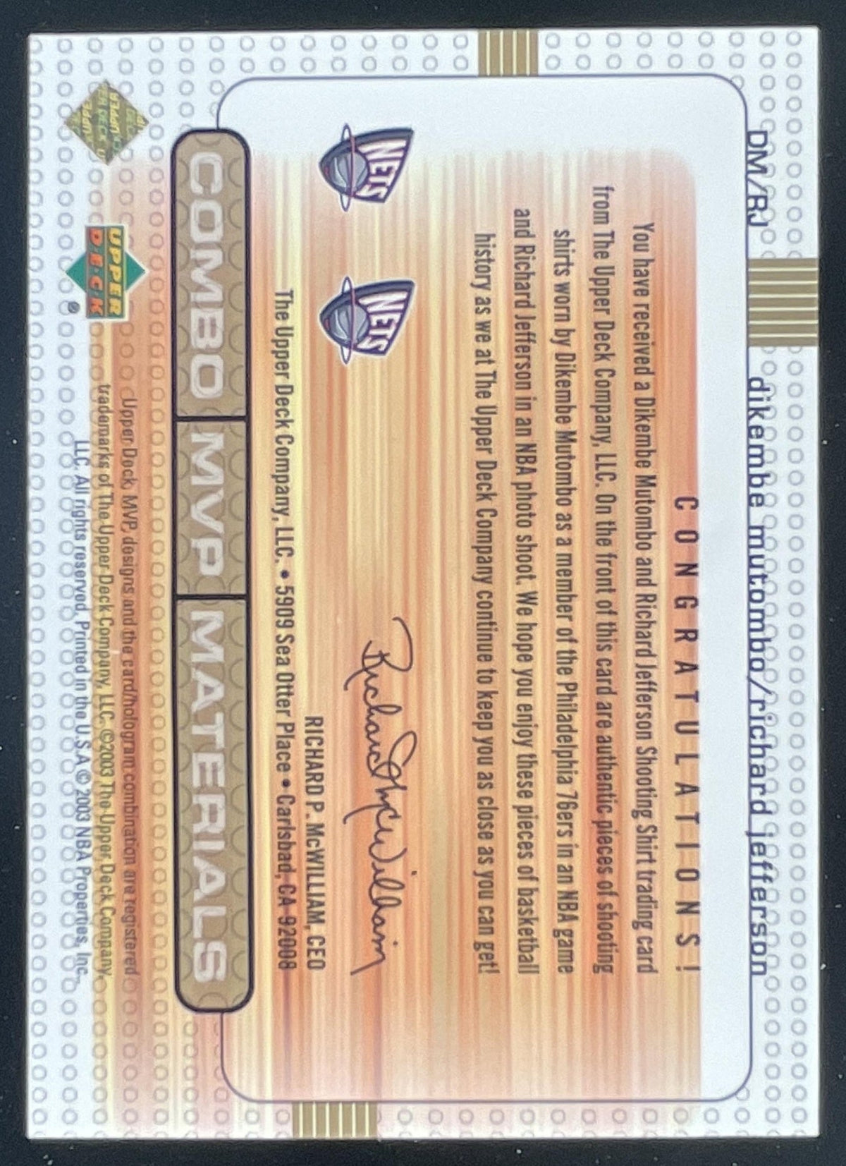 2003 Upper Deck MVP Combo Materials #DM/RJ Dikembe Mutombo Richard Jefferson MEM product image 2, provided for visual