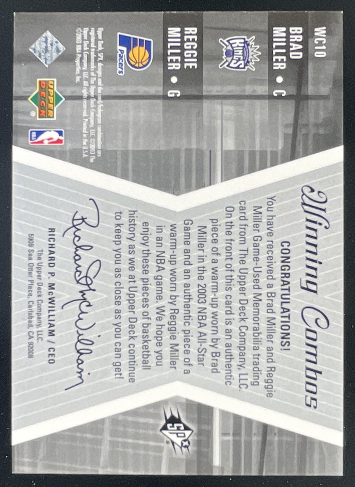 2003-04 SPx Winning Materials Combos #WC10 Brad Miller Reggie Miller MEM product image 2, provided for visual reference and