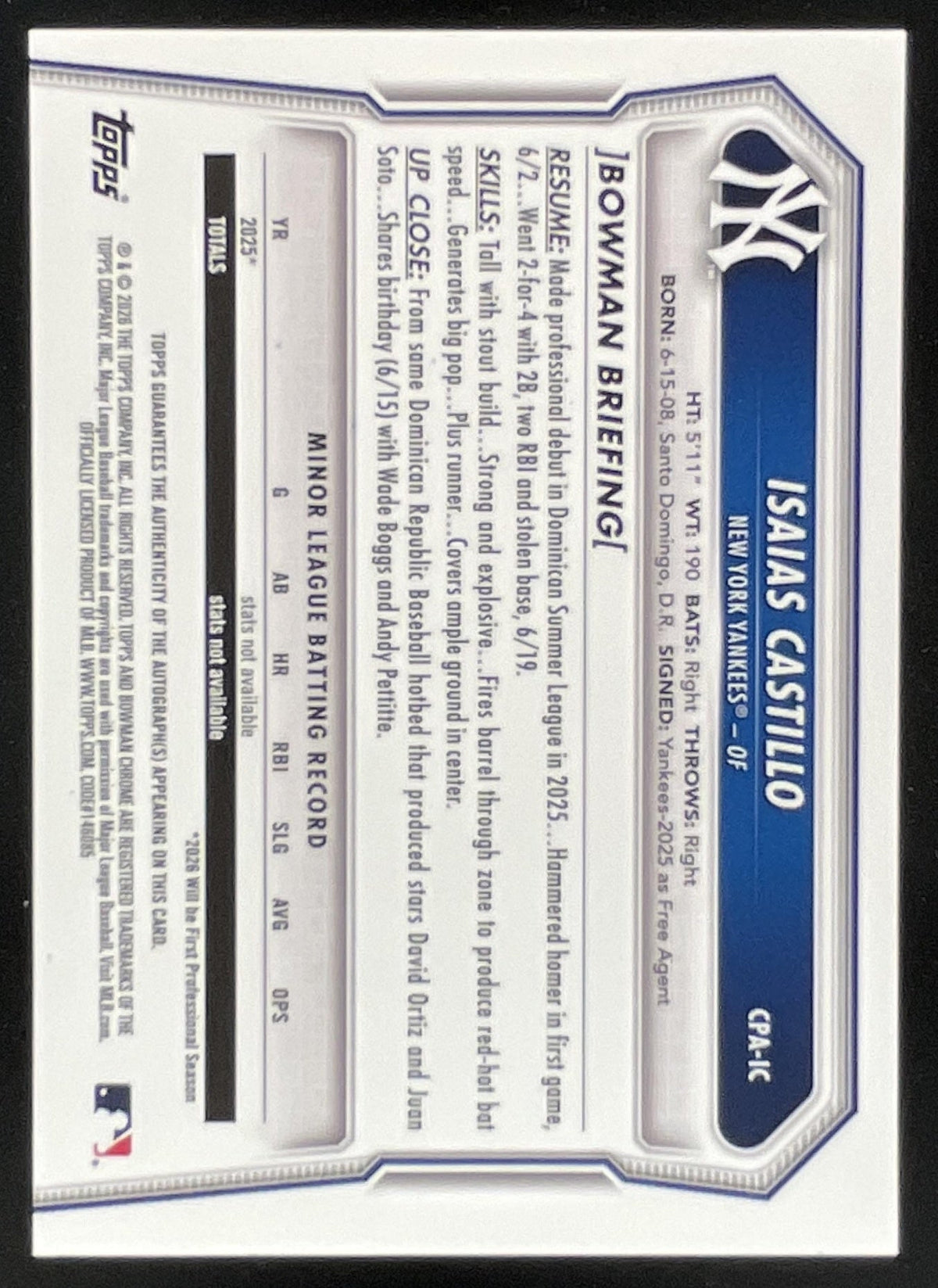 2026 Bowman Chrome Prospects Autograph #CPA-IC Isaias Castillo RC Auto product image 2, provided for visual reference and