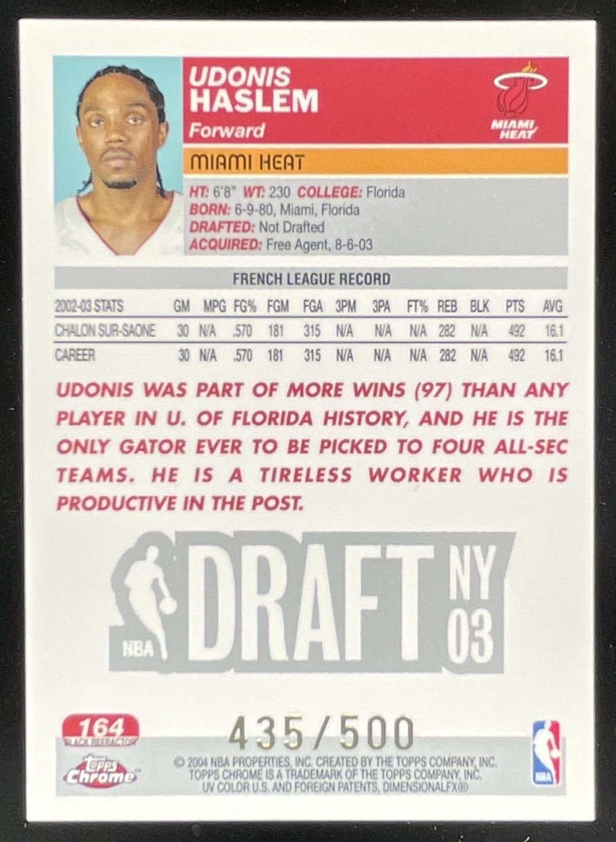 2003-04 Topps Chrome Refractors Black #164 Udonis Haslem RC /500 product image 2, provided for visual reference and product