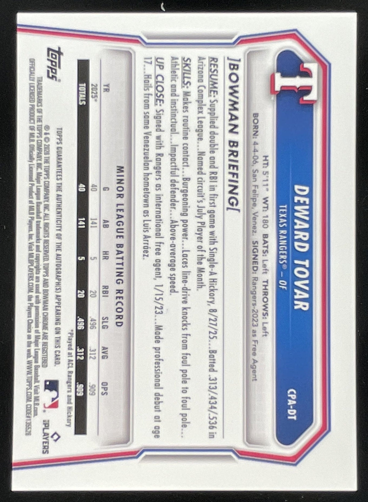 2026 Bowman Chrome Prospects Green Lava #CPA-DT Deward Tovar RC Auto /99 product image 2, provided for visual reference and