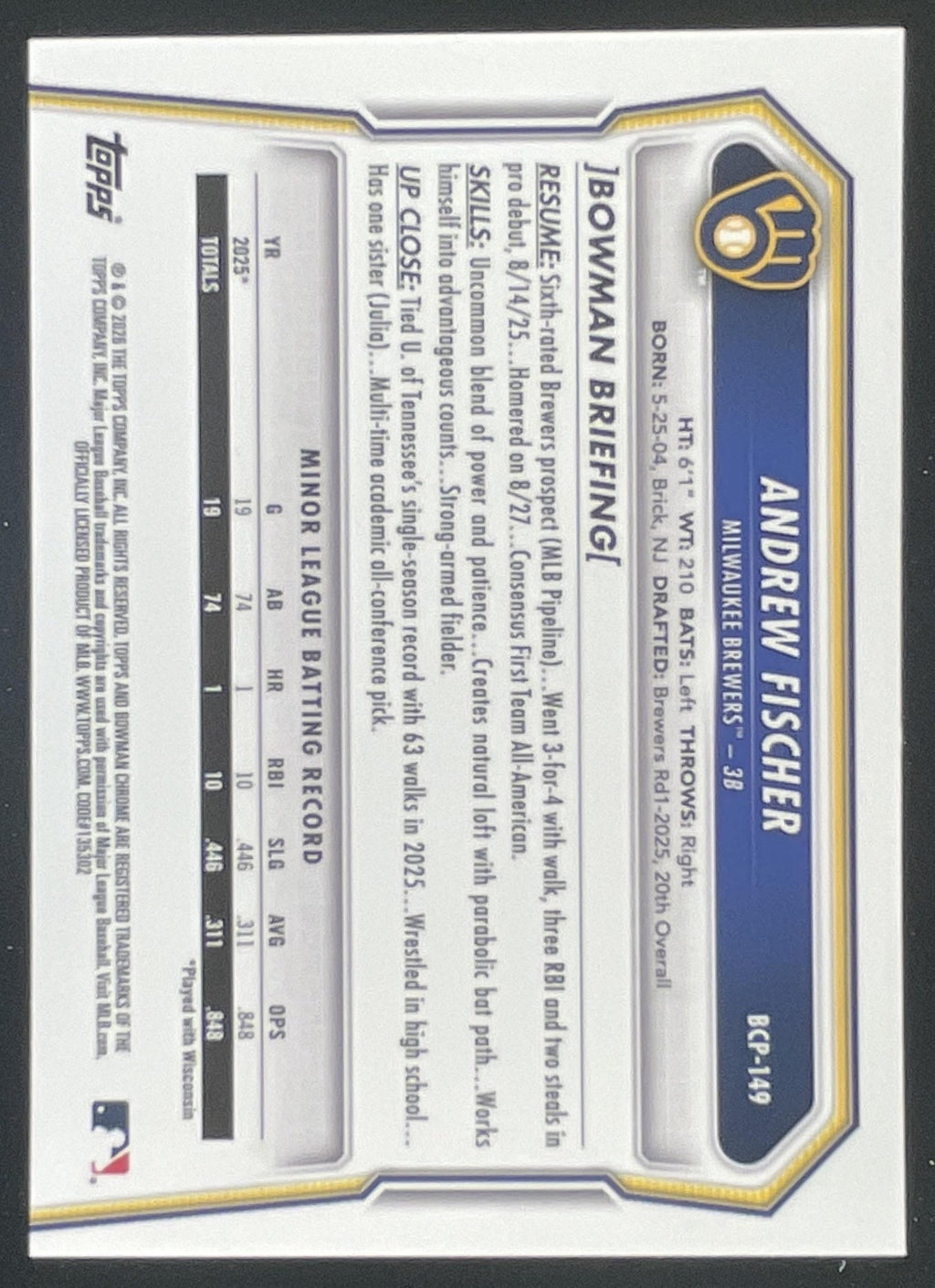 2026 Bowman Sapphire Chrome Prospects #BCP-149 Andrew Fischer RC product image 2, provided for visual reference and product