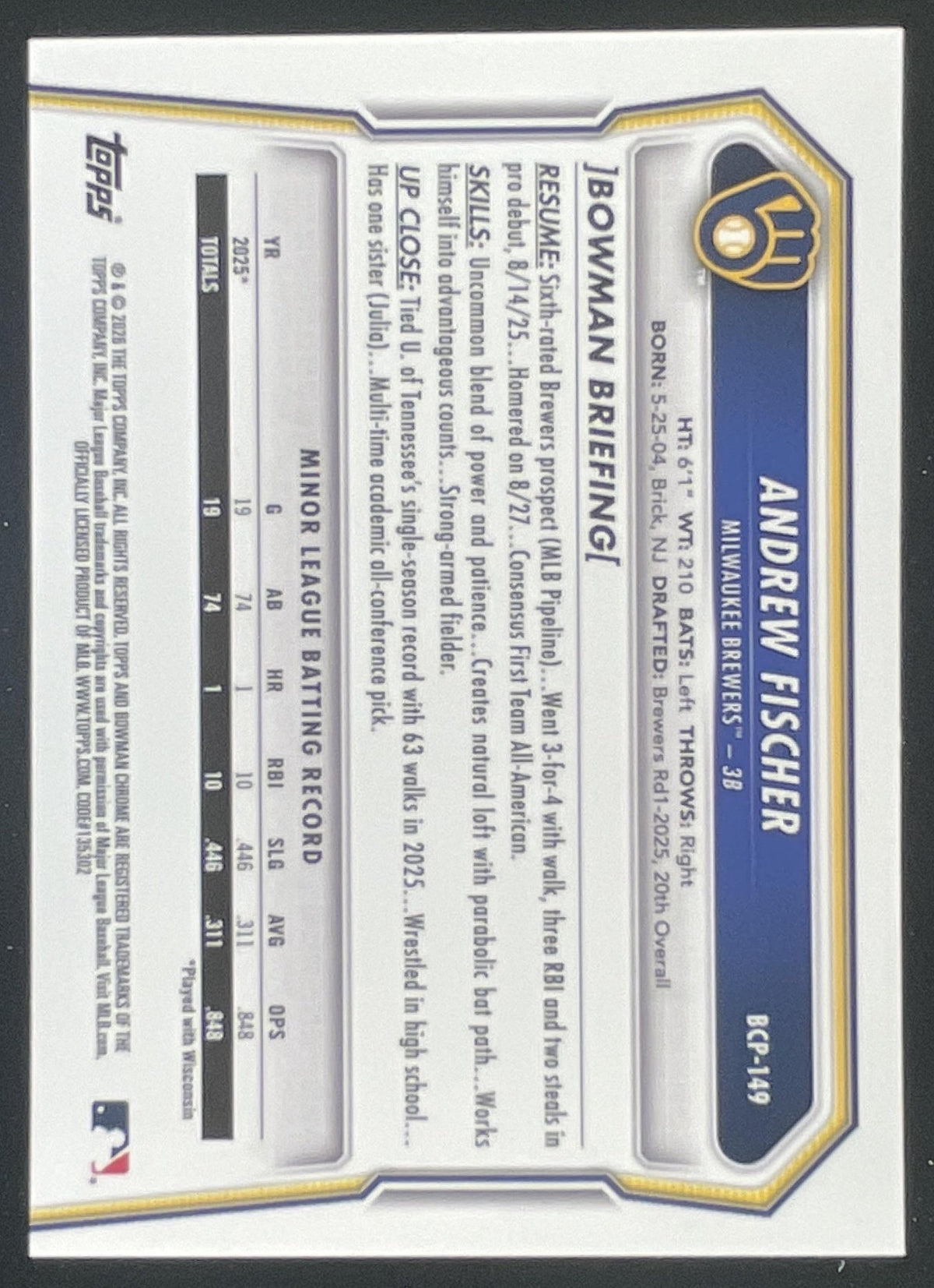 2026 Bowman Sapphire Chrome Prospects #BCP-149 Andrew Fischer RC product image 2, provided for visual reference and product