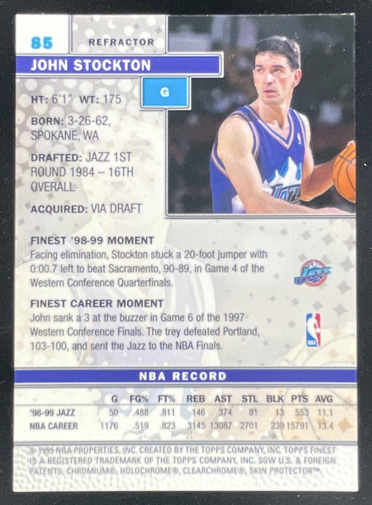 1999-00 Topps Finest Refractors #85 John Stockton product image 2, provided for visual reference and product detail review