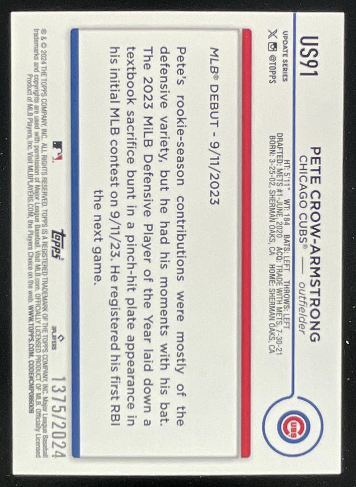 2024 Topps Update Gold #US91 Pete Crow-Armstrong RC /2024 product image 2, provided for visual reference and product detail