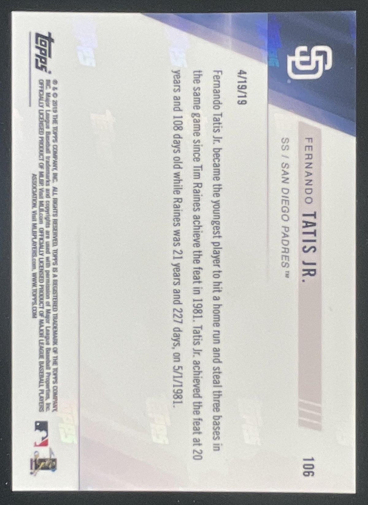 2019 Topps Now #106 Fernando Tatis Jr. RC product image 2, provided for visual reference and product detail review