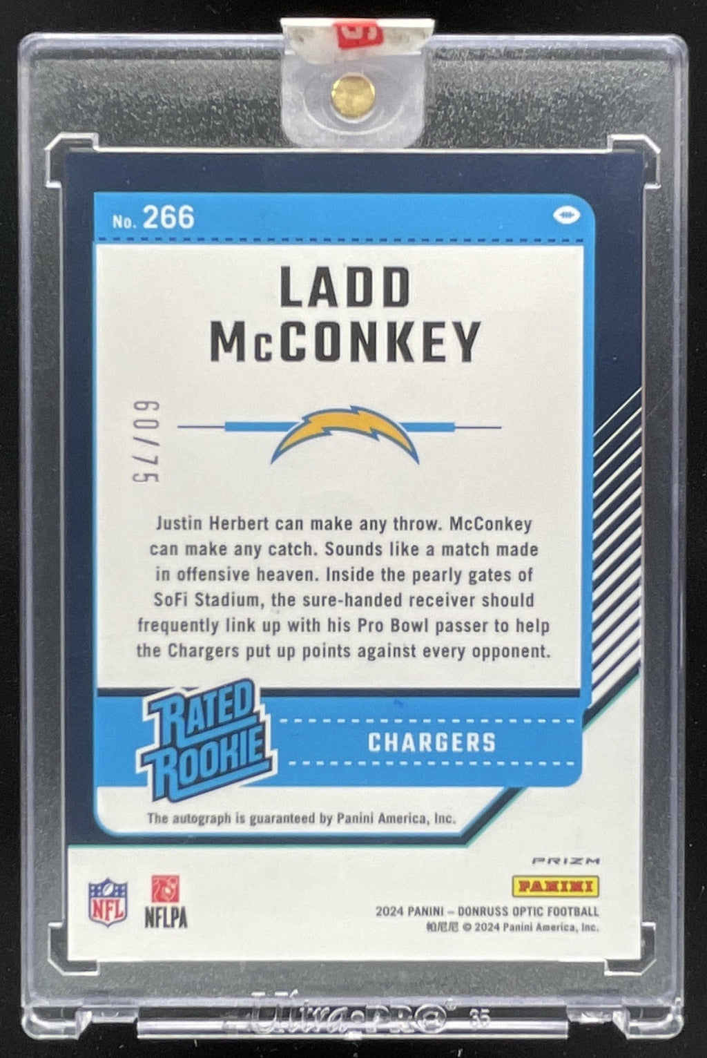 2024 Panini Donruss Optic Autograph Red #266 Ladd McConkey RC Auto /75 product image 2, provided for visual reference and