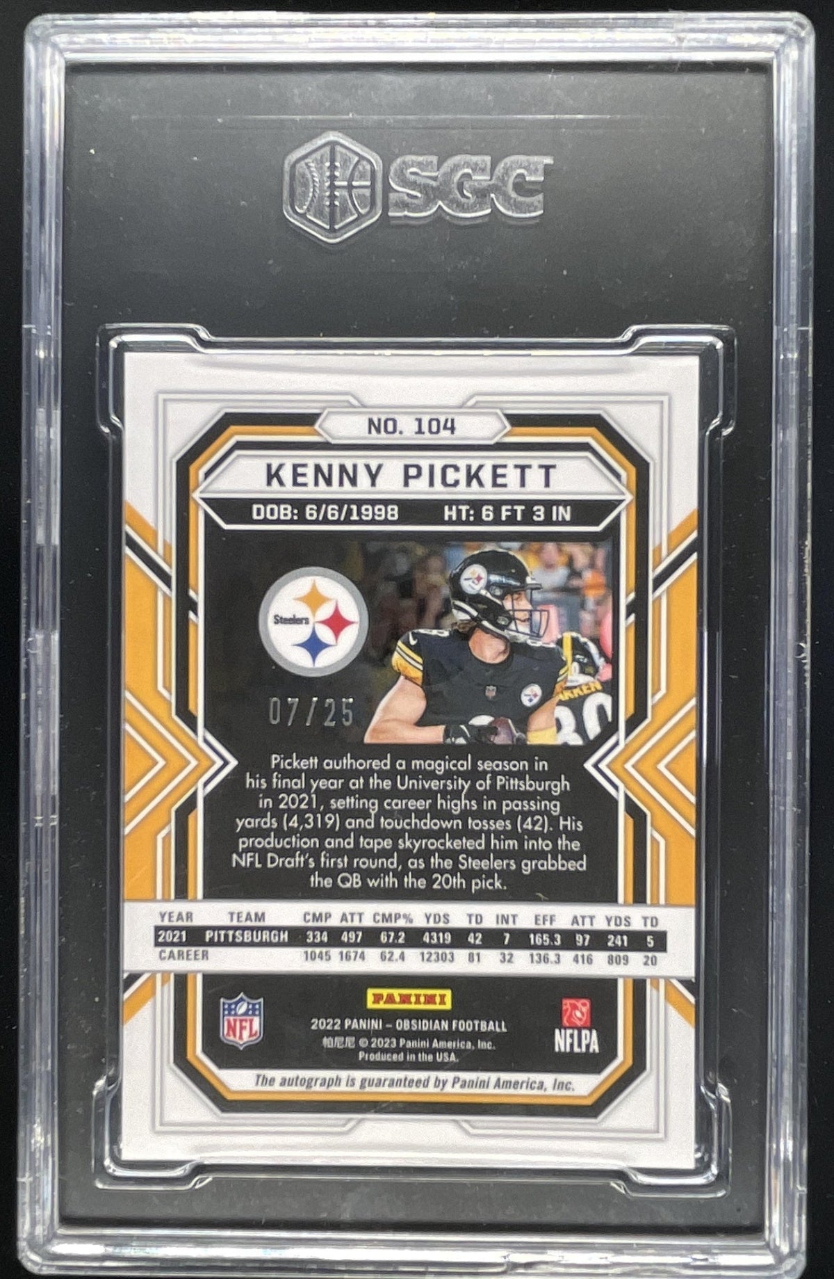 2022 Obsidian Autos Electric Etch Yellow #104 Kenny Pickett RC Auto /25 CGC 9.5 product image 2, provided for visual