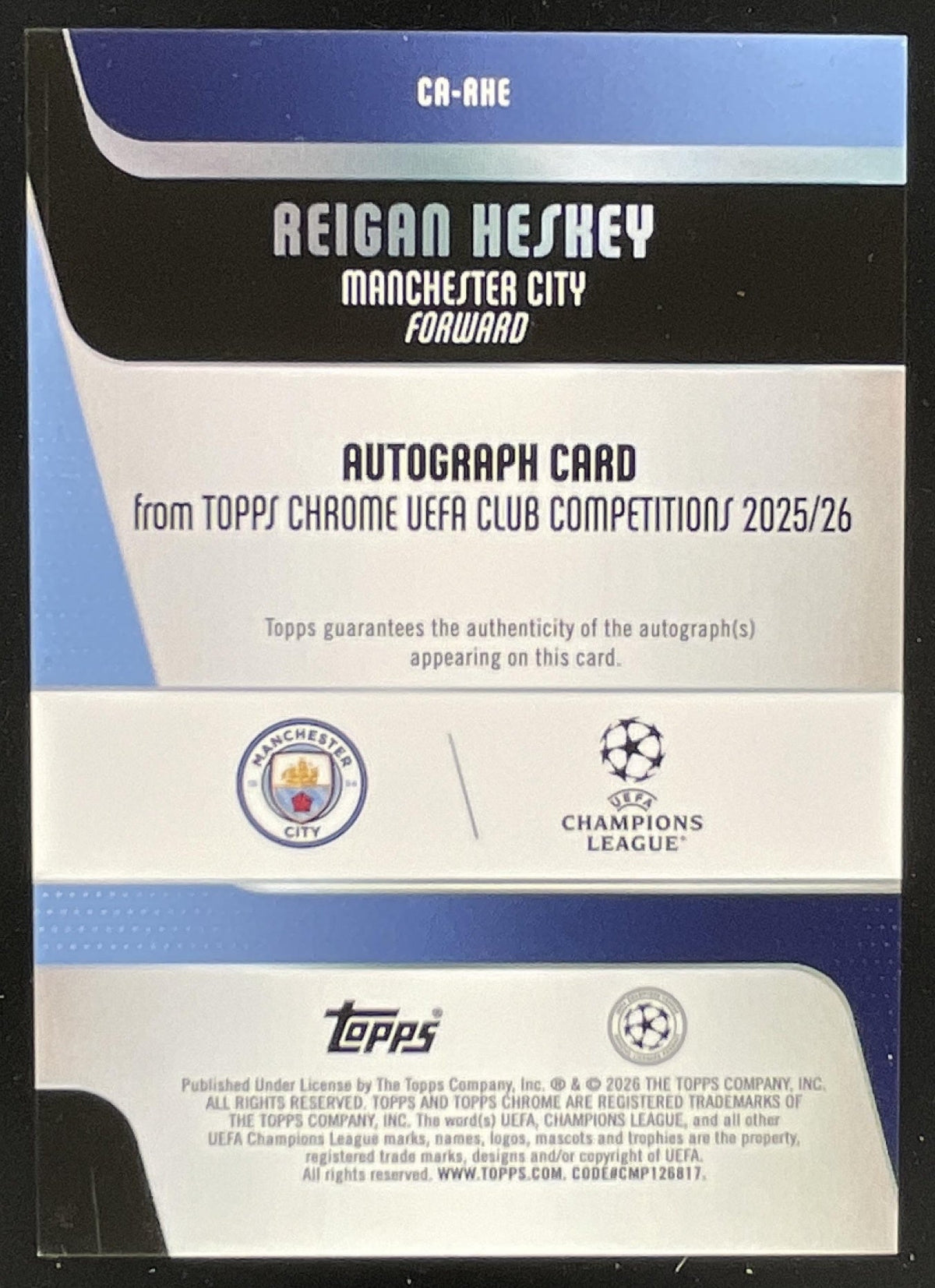 2025-26 Topps Chrome Chrome Green Lava #CA-RHE Reigan Heskey RC Auto /99 product image 2, provided for visual reference and