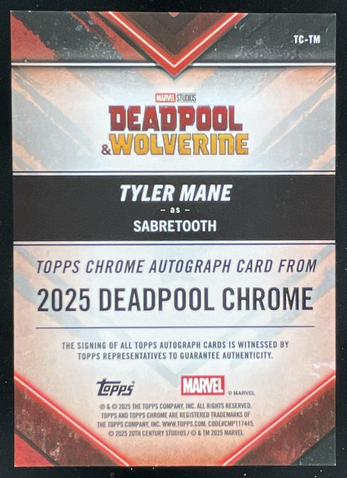 2025 Topps Chrome Deadpool Tyler Mane as Sabretooth Dogpool #TC-TM /75 product image 2, provided for visual reference and