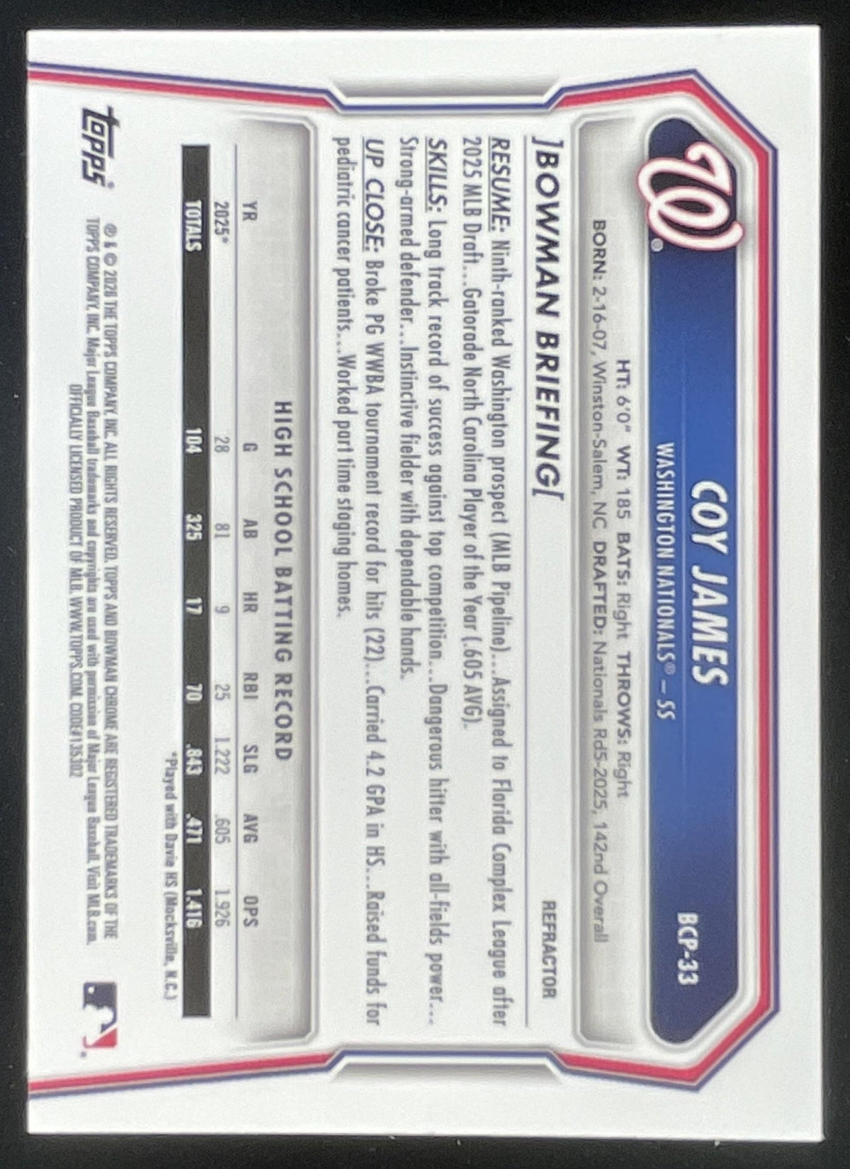 2026 Bowman Chrome Prospects Refractor #BCP-33 Coy James RC /499 product image 2, provided for visual reference and product