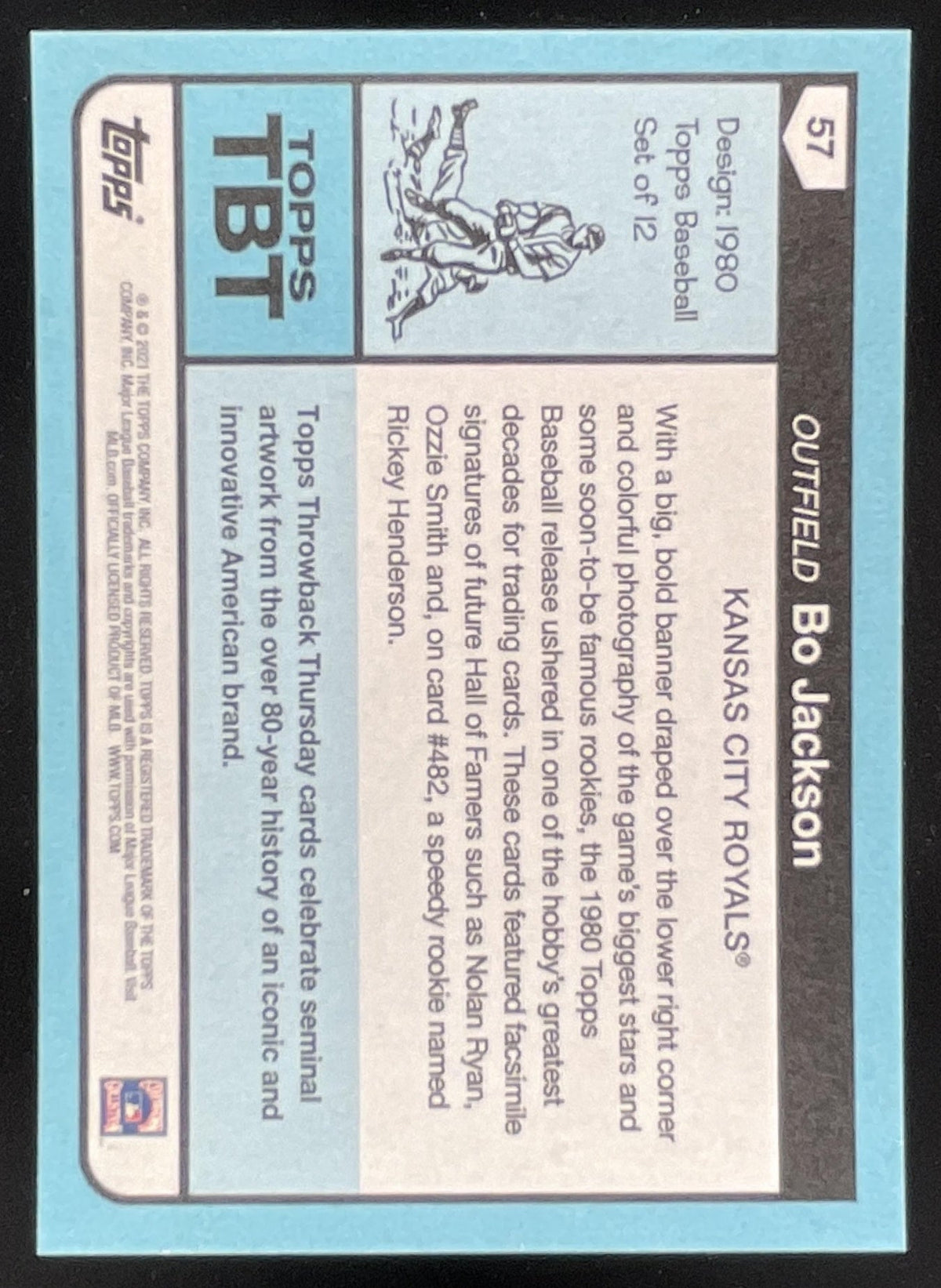 2021 Topps Throwback Thursday - #57 Bo Jackson PR1489 1980 Topps Baseball product image 2, provided for visual reference and