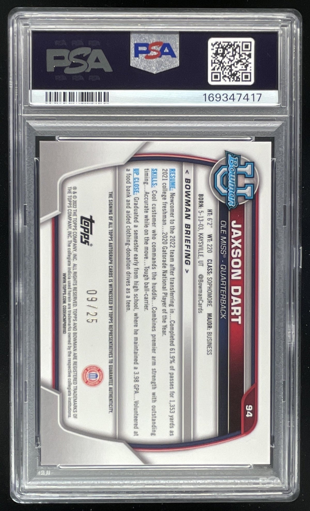 2022 Bowman University Chrome Orange Shimmer #94 Jaxson Dart /25 PSA 10 product image 2, provided for visual reference and
