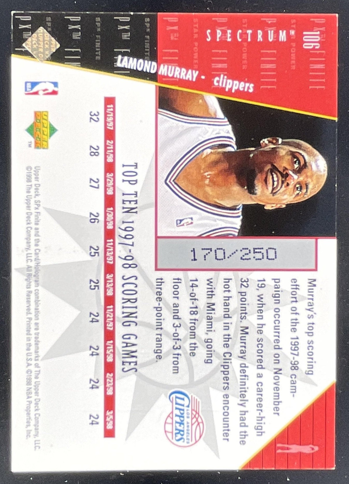 1998-99 SPx Finite Spectrum #106 Lamond Murray /250 product image 2, provided for visual reference and product detail review