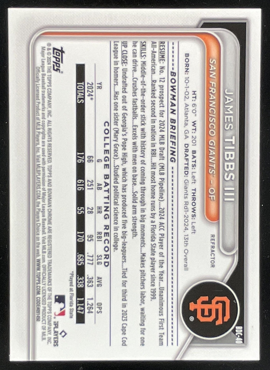 2024 Bowman Draft Chrome Refractor #BDC-40 James Tibbs III RC product image 2, provided for visual reference and product