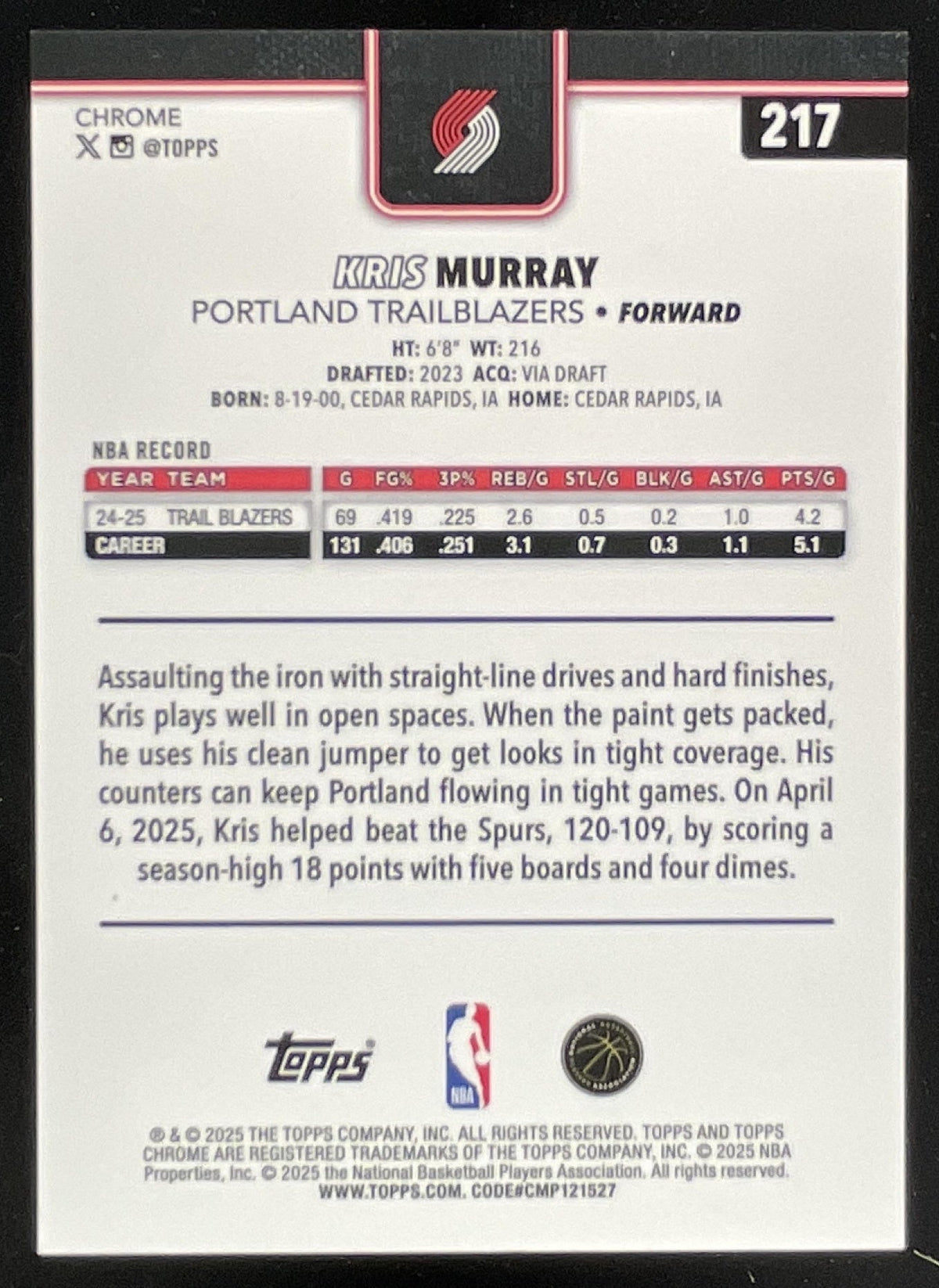 2025-26 Topps Chrome FrozenFractor #217 Kris Murray product image 2, provided for visual reference and product detail review