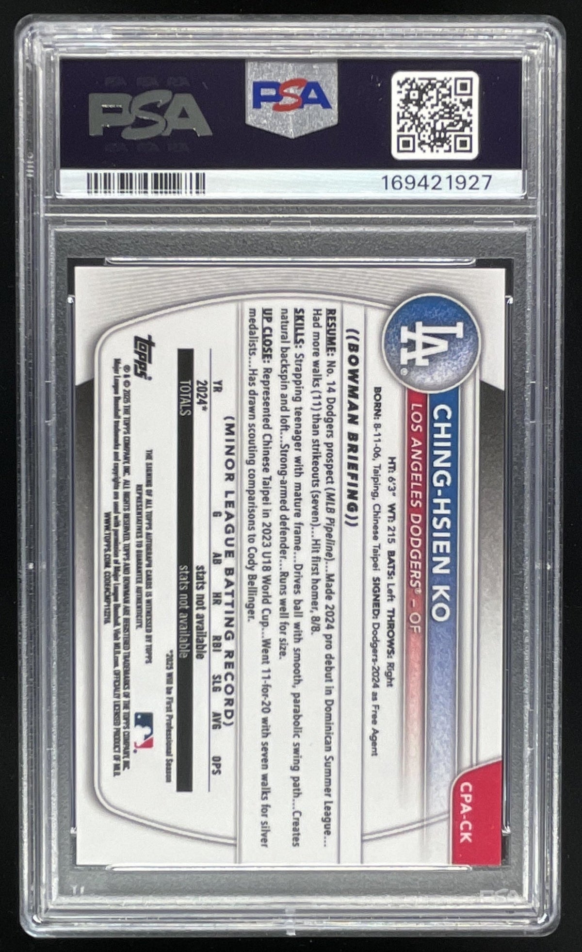 2025 Bowman Chrome Prospect Autograph #CPA-CK Ching-Hsien Ko RC Auto PSA 10 product image 2, provided for visual reference