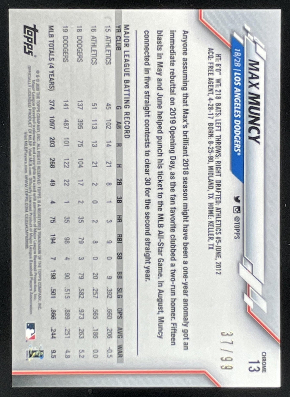 2020 Topps Chrome Green Wave Refractor #13 Max Muncy /99 product image 2, provided for visual reference and product detail