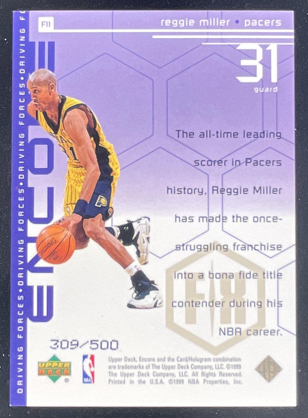 1998-99 Upper Deck Encore Driving Forces F/X #F11 Reggie Miller /500 product image 2, provided for visual reference and