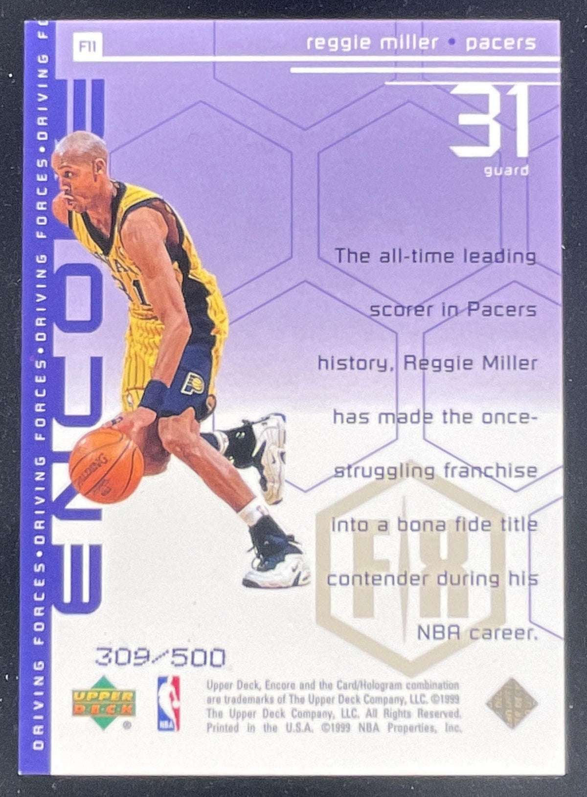 1998-99 Upper Deck Encore Driving Forces F/X #F11 Reggie Miller /500 product image 2, provided for visual reference and