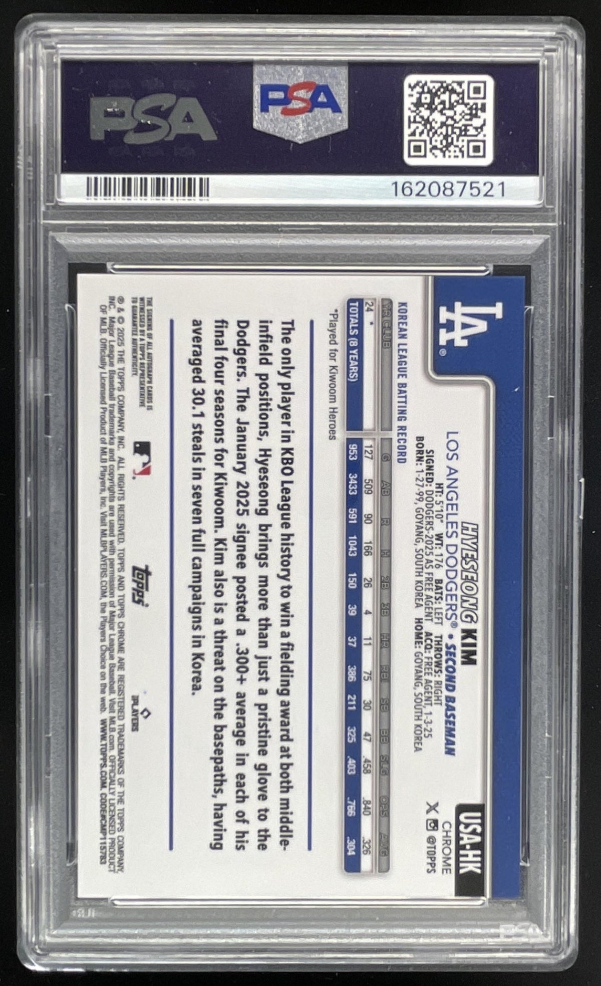 2025 Topps Chrome Update Sapphire #USA-HK Hyeseong Kim RC Auto /199 PSA 10 product image 2, provided for visual reference