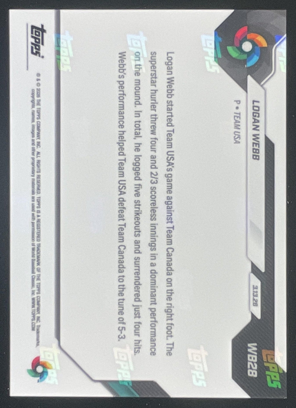 2026 Topps Now World Baseball Classic #WB28 Logan Webb Orange Parallel /25 product image 2, provided for visual reference