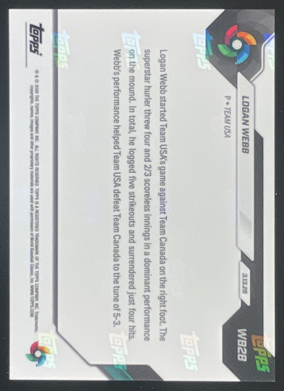 2026 Topps Now World Baseball Classic #WB28 Logan Webb Orange Parallel /25 product image 2, provided for visual reference